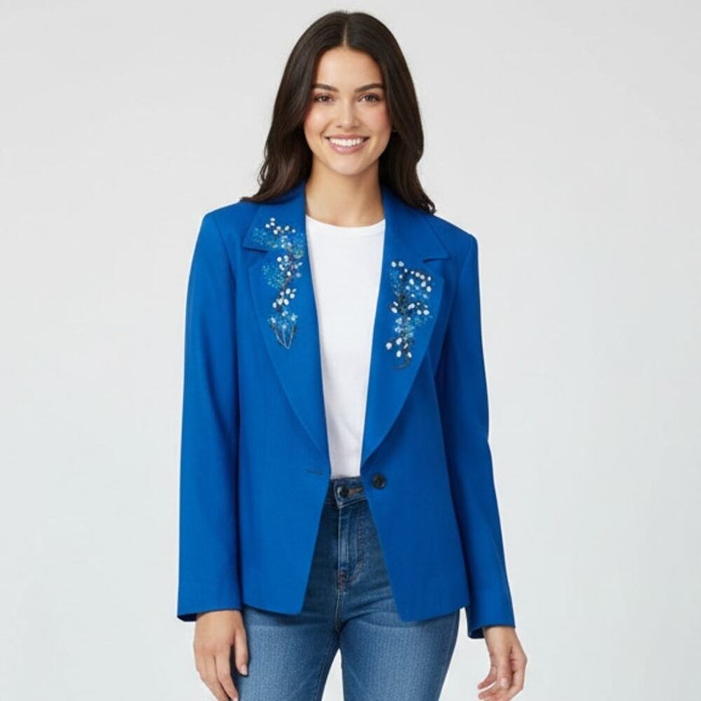 Vintage Vogue American Designer Women's Blue Floral Embroidered Blazer Size XL